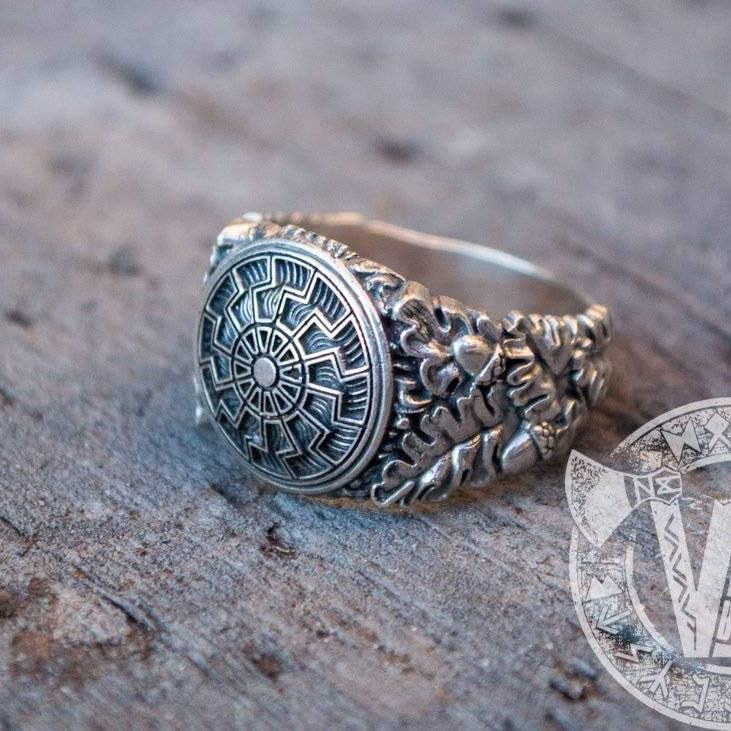 Black Sun Symbol with Oak Leaves and Acorns Variant 2 Sterling Silver Viking Ring - VikingsBrand