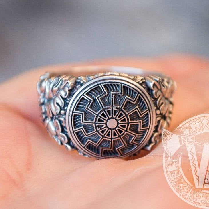 Black Sun Symbol with Oak Leaves and Acorns Variant 2 Sterling Silver Viking Ring - VikingsBrand