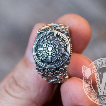 Black Sun Symbol with Oak Leaves and Acorns Variant 2 Sterling Silver Viking Ring - VikingsBrand