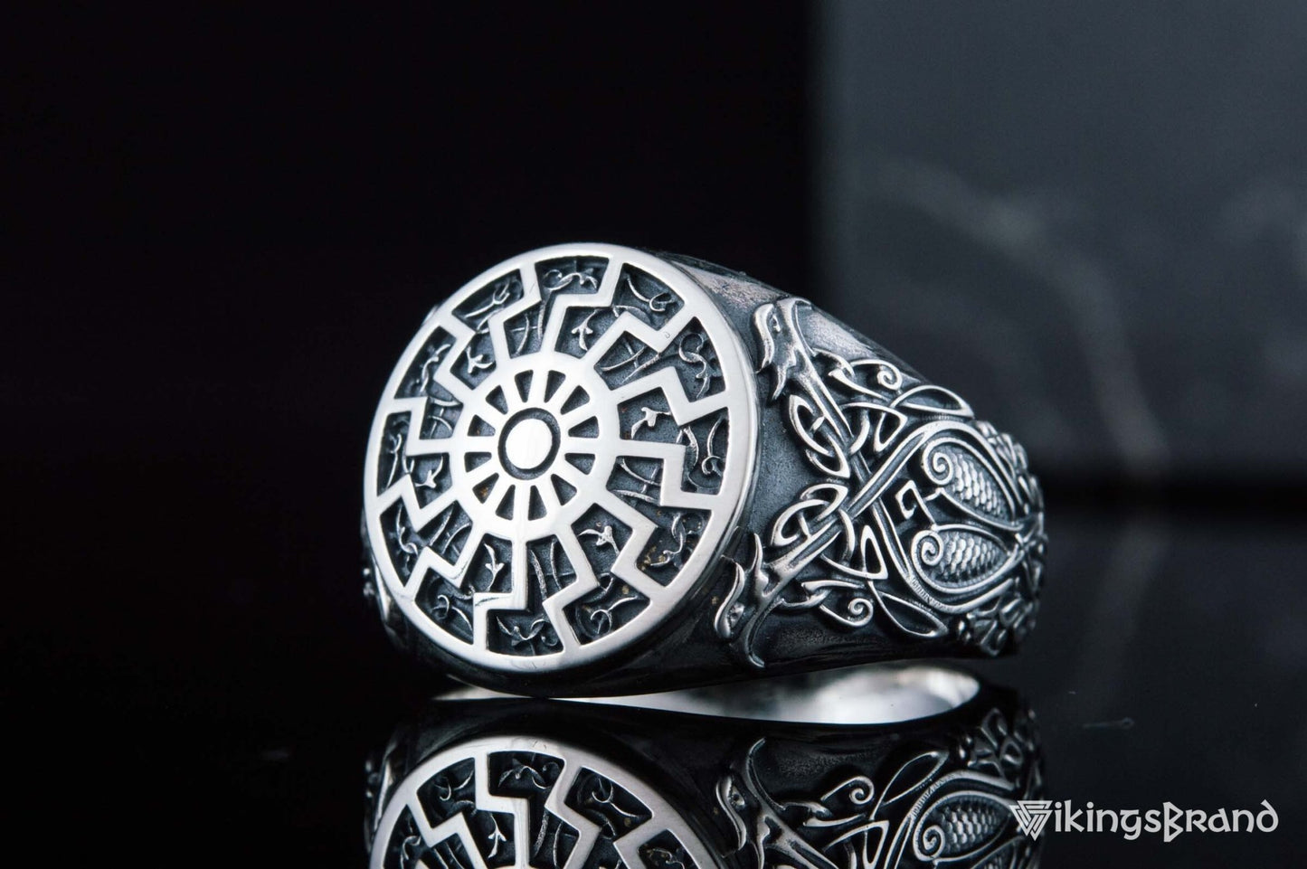 Black Sun Viking Symbol Ring with Viking Style Ornament Sterling Silver Jewelry