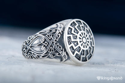 Black Sun Viking Symbol Ring with Viking Style Ornament Sterling Silver Jewelry
