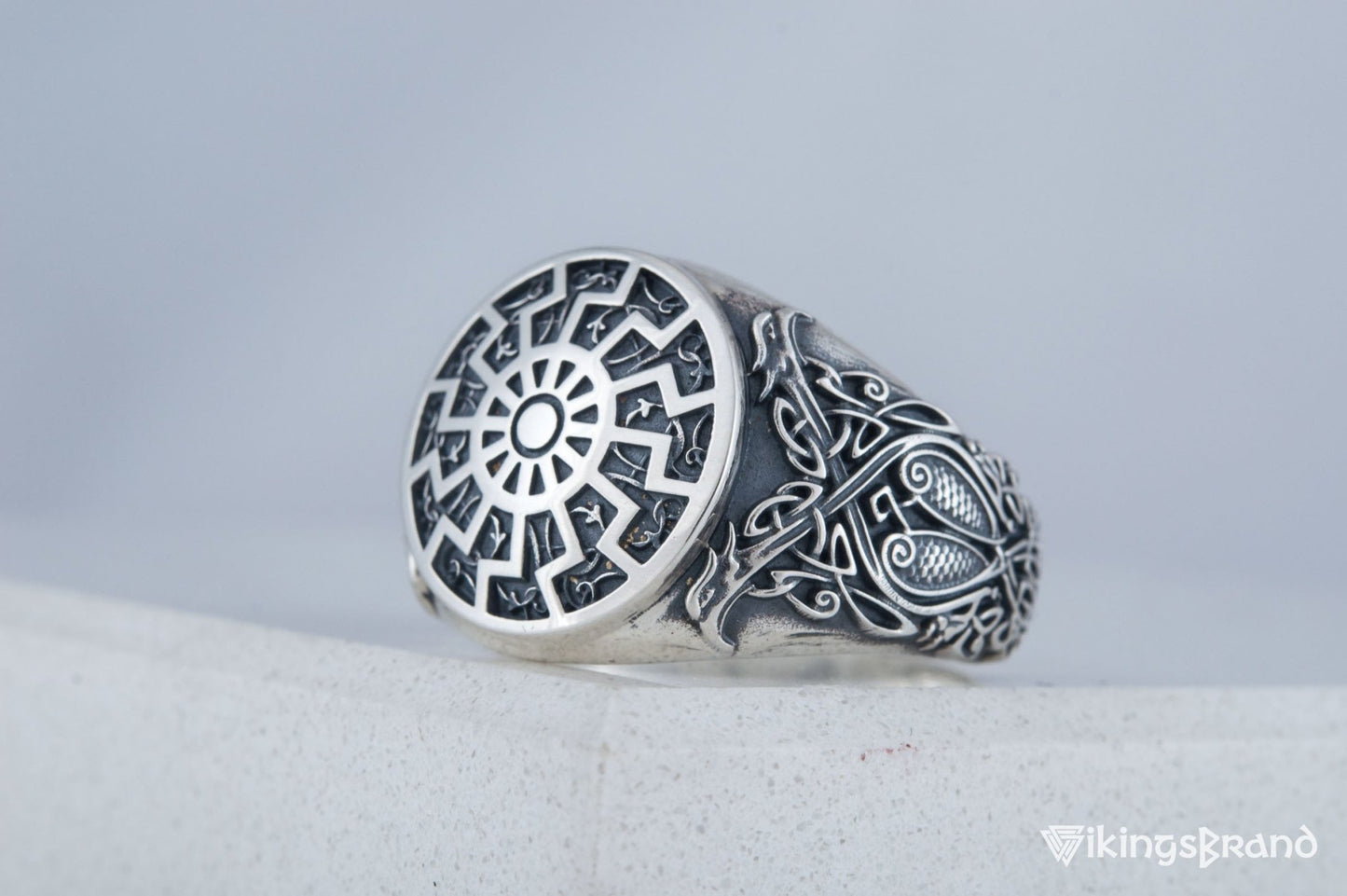Black Sun Viking Symbol Ring with Viking Style Ornament Sterling Silver Jewelry