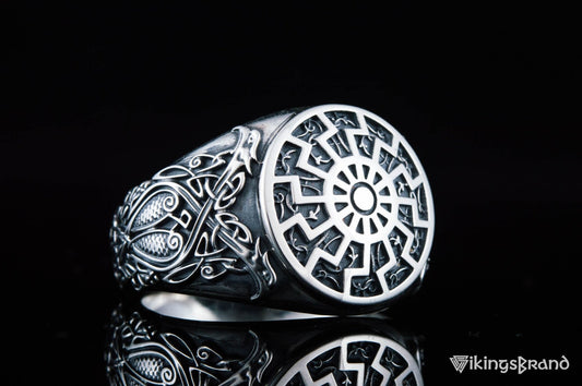 Black Sun Viking Symbol Ring with Viking Style Ornament Sterling Silver Jewelry