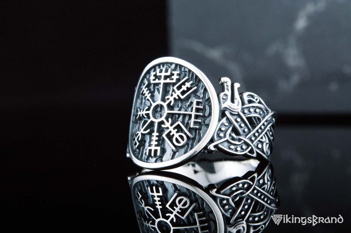 Black Sun Viking Symbol Ring with Viking Style Ornament Sterling Silver Jewelry