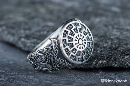 Black Sun Viking Symbol Ring with Viking Style Ornament Sterling Silver Jewelry