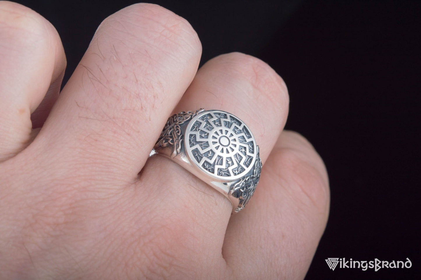 Black Sun Viking Symbol Ring with Viking Style Ornament Sterling Silver Jewelry
