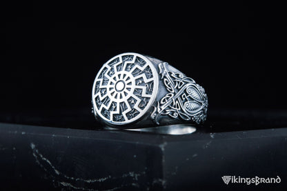 Black Sun Viking Symbol Ring with Viking Style Ornament Sterling Silver Jewelry