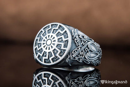 Black Sun Viking Symbol Ring with Viking Style Ornament Sterling Silver Jewelry