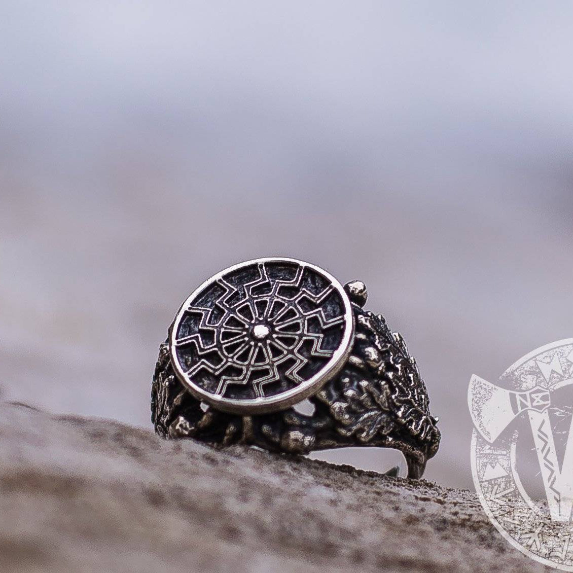 Black Sun/Sun Wheel Symbol Silver Viking Ring with Oak Leaves - VikingsBrand