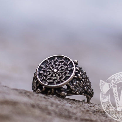 Black Sun/Sun Wheel Symbol Silver Viking Ring with Oak Leaves - VikingsBrand