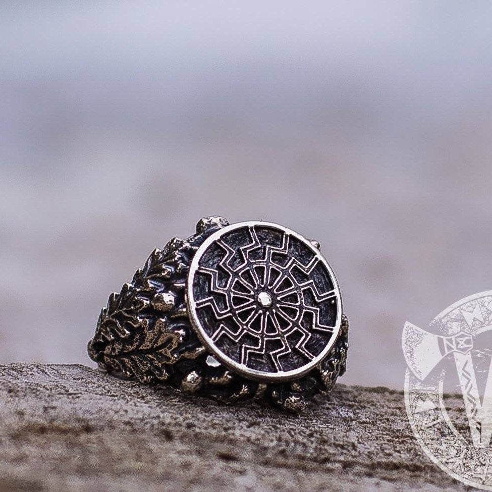 Black Sun/Sun Wheel Symbol Silver Viking Ring with Oak Leaves - VikingsBrand