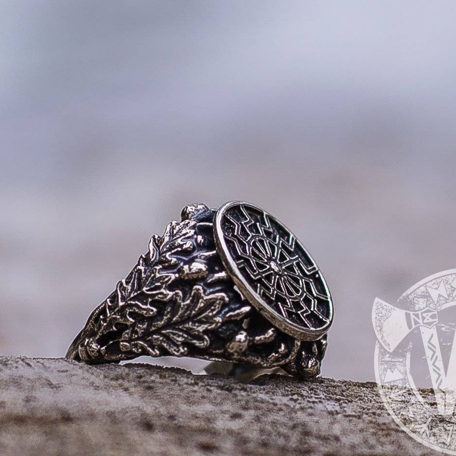 Black Sun/Sun Wheel Symbol Silver Viking Ring with Oak Leaves - VikingsBrand