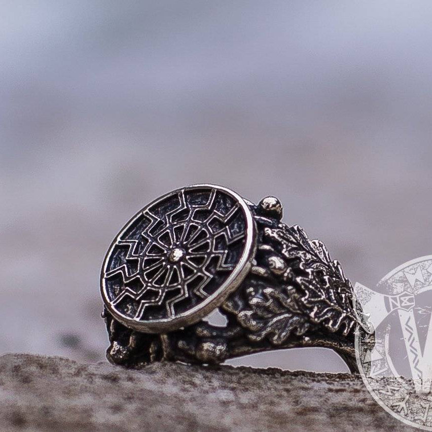 Black Sun/Sun Wheel Symbol Silver Viking Ring with Oak Leaves - VikingsBrand