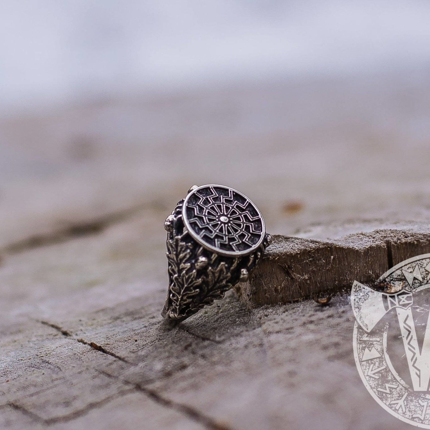 Black Sun/Sun Wheel Symbol Silver Viking Ring with Oak Leaves - VikingsBrand