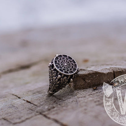 Black Sun/Sun Wheel Symbol Silver Viking Ring with Oak Leaves - VikingsBrand