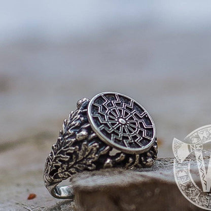 Black Sun/Sun Wheel Symbol Silver Viking Ring with Oak Leaves - VikingsBrand