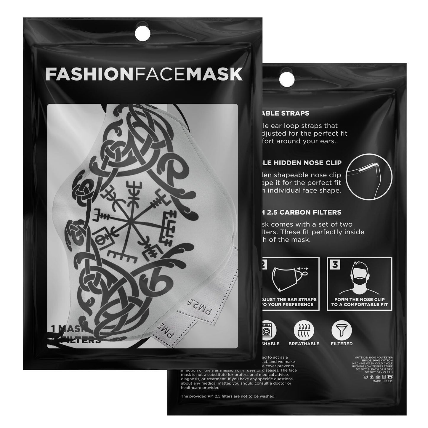 Black Vegvisir Knot Viking Face Mask Cover