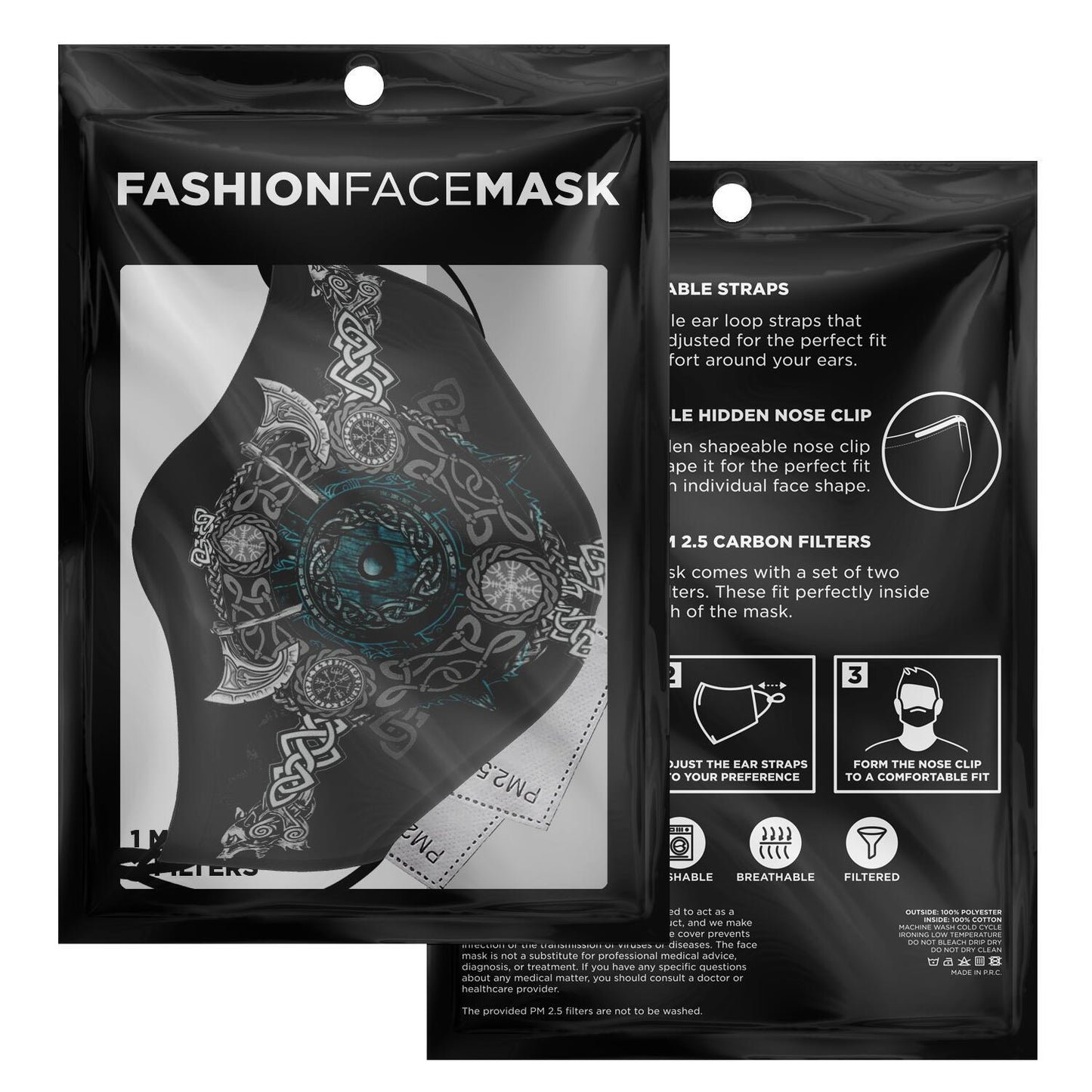 Blue Viking Face Mask Cover with Wolf Heads & Axes