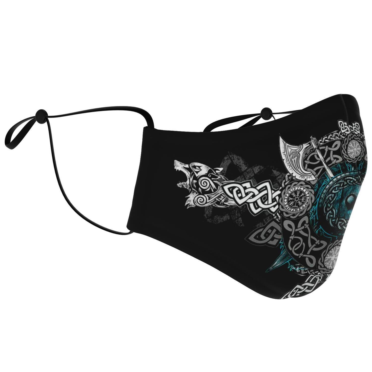 Blue Viking Face Mask Cover with Wolf Heads & Axes