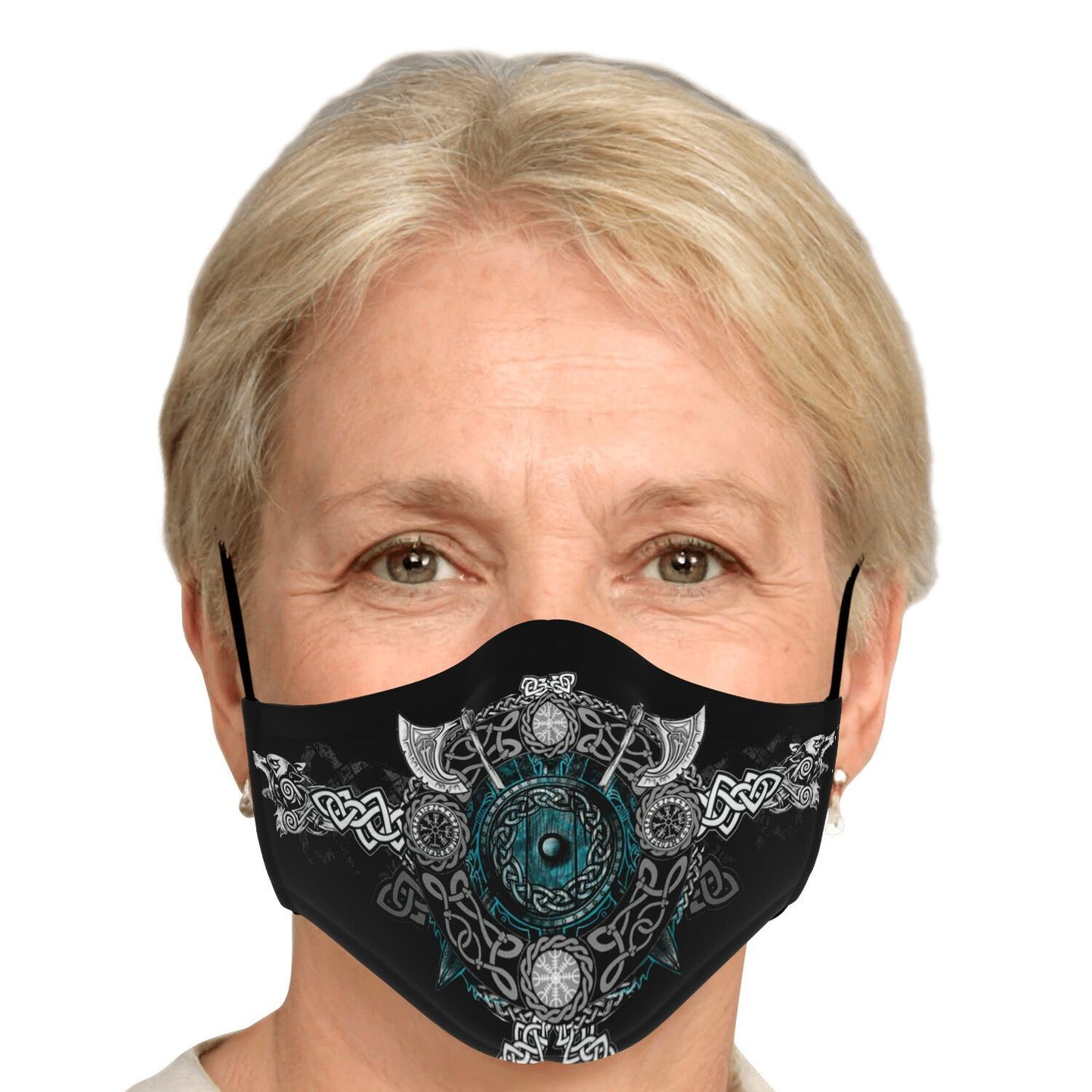 Blue Viking Face Mask Cover with Wolf Heads & Axes