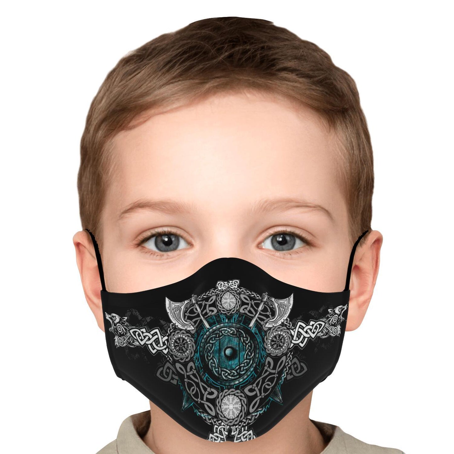 Blue Viking Face Mask Cover with Wolf Heads & Axes