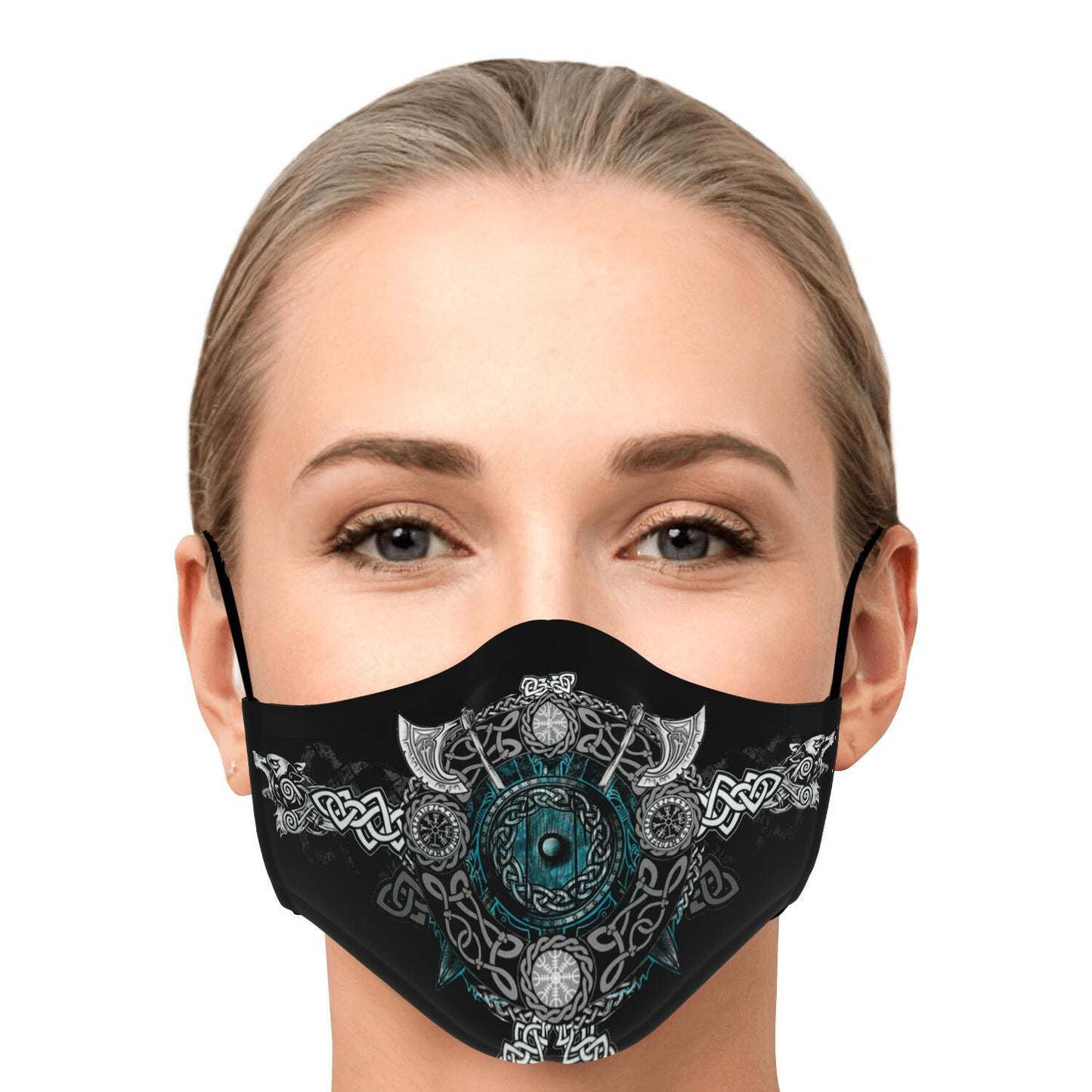 Blue Viking Face Mask Cover with Wolf Heads & Axes