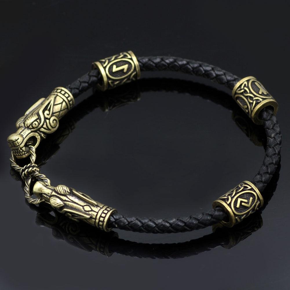 Bracelet with Wolf Head and Elder Futhark Runes - VikingsBrand