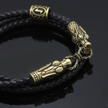 Bracelet with Wolf Head and Elder Futhark Runes - VikingsBrand
