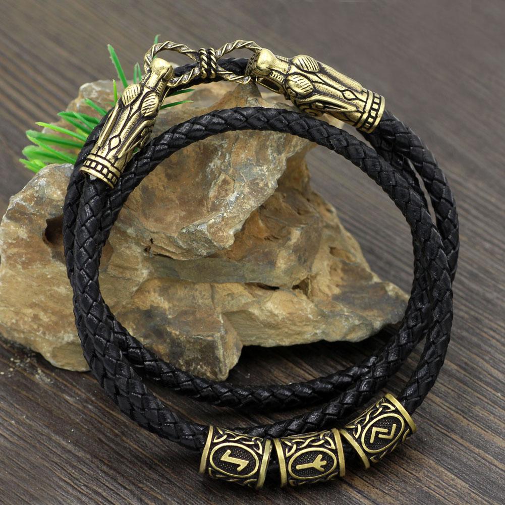 Bracelet with Wolf Head and Elder Futhark Runes - VikingsBrand