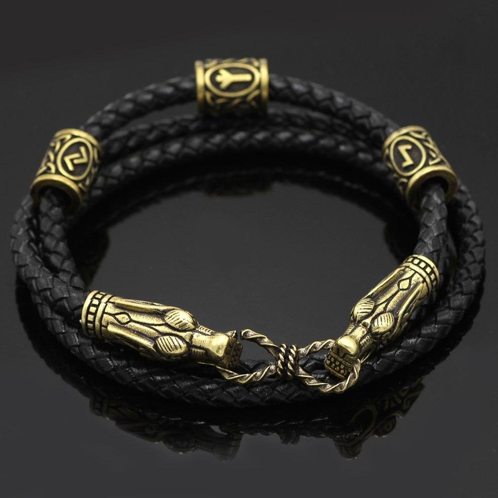 Bracelet with Wolf Head and Elder Futhark Runes - VikingsBrand