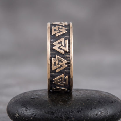 Bronze Valknut ring seen front on, repeating valknut symbols in a dark oxidised channel