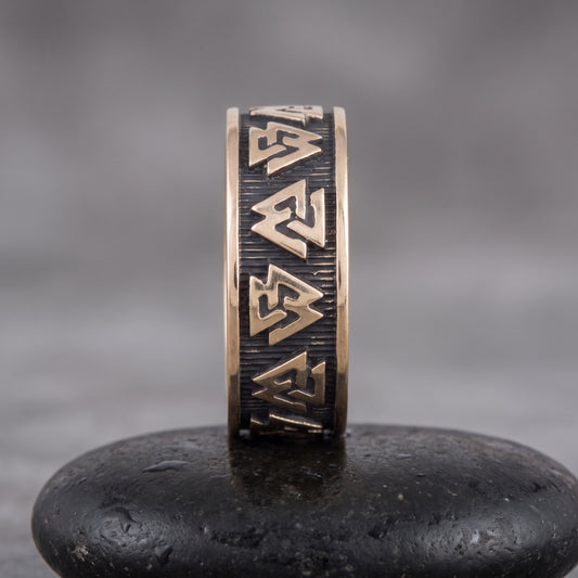 Bronze Valknut ring seen front on, repeating valknut symbols in a dark oxidised channel