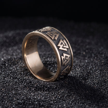 Bronze Valknut ring from the side, polished rims and plain polished interior