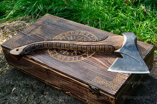 Camping Handmade Hatchet "Sterk Voldsom" With Leather Cover & Wooden Box