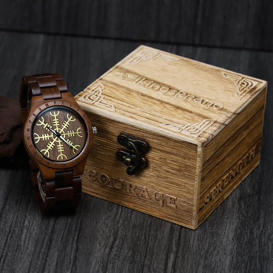 Canute Viking Wooden Watch with Carved Helm of Awe Viking Symbol & Custom Engravings
