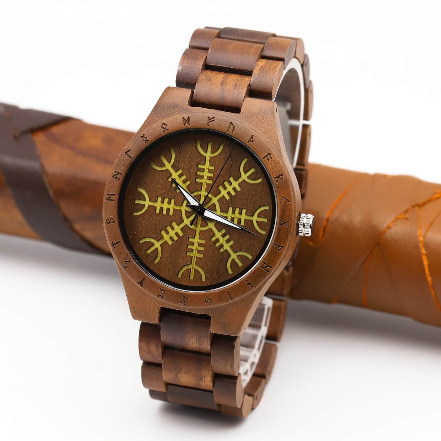 Canute Viking Wooden Watch with Carved Helm of Awe Viking Symbol & Custom Engravings