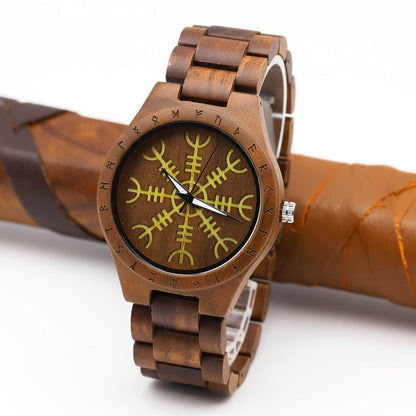 Canute Viking Wooden Watch with Carved Helm of Awe Viking Symbol & Custom Engravings