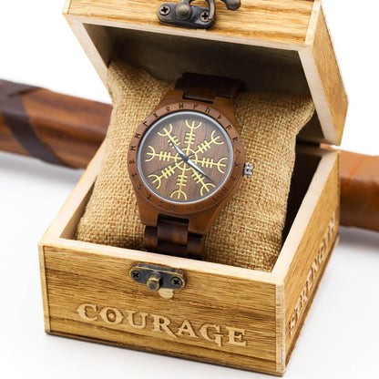 Canute Viking Wooden Watch with Carved Helm of Awe Viking Symbol & Custom Engravings