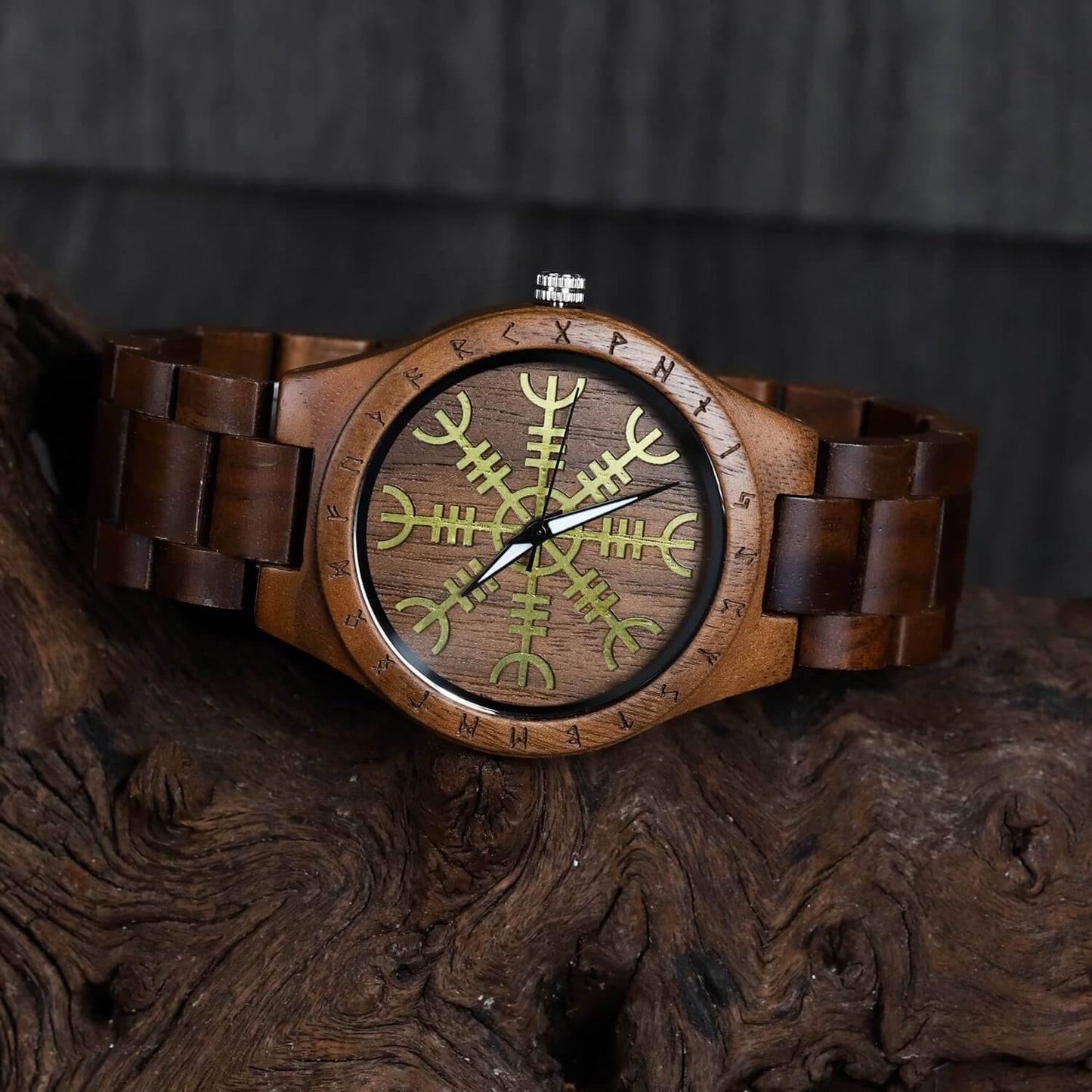 Canute Viking Wooden Watch with Carved Helm of Awe Viking Symbol & Custom Engravings