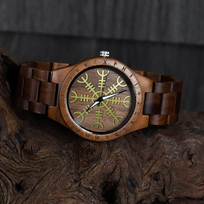 Canute Viking Wooden Watch with Carved Helm of Awe Viking Symbol & Custom Engravings
