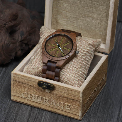 Canute Viking Wooden Watch with Carved Helm of Awe Viking Symbol & Custom Engravings