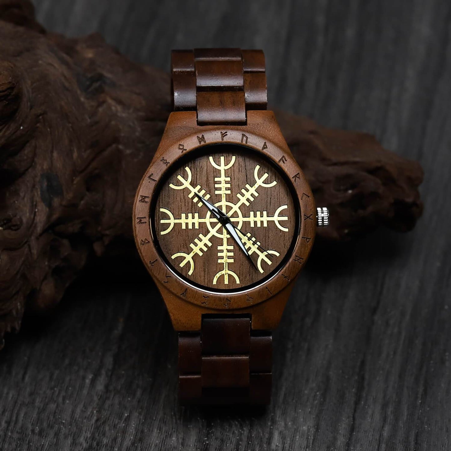Canute Viking Wooden Watch with Carved Helm of Awe Viking Symbol & Custom Engravings