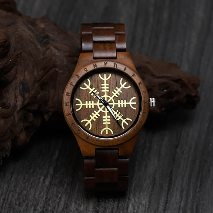 Canute Viking Wooden Watch with Carved Helm of Awe Viking Symbol & Custom Engravings