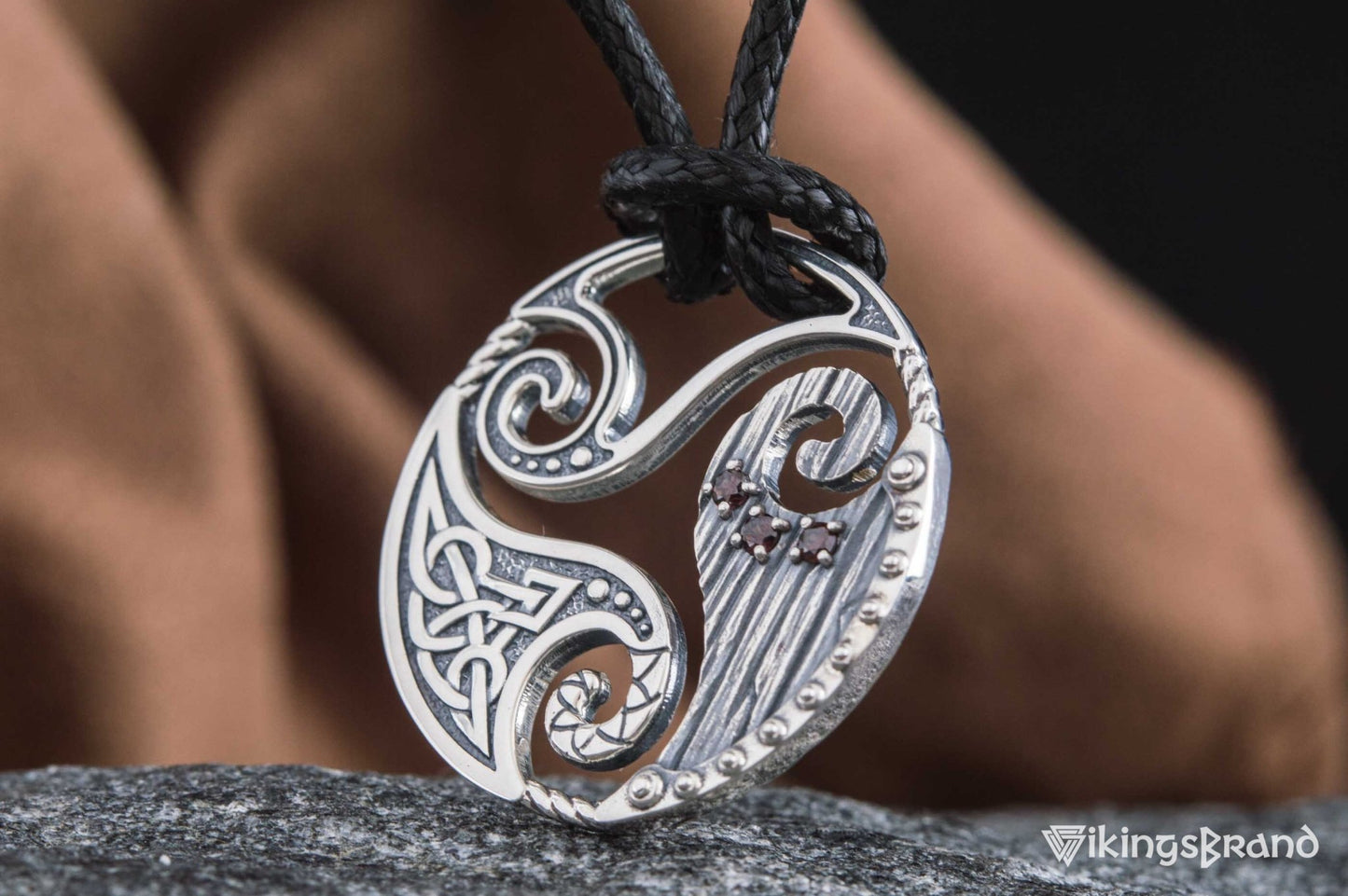 Circle Vikings Shield Pendant with Triskelion and CZ Ornament Sterling Silver Norse Jewelry