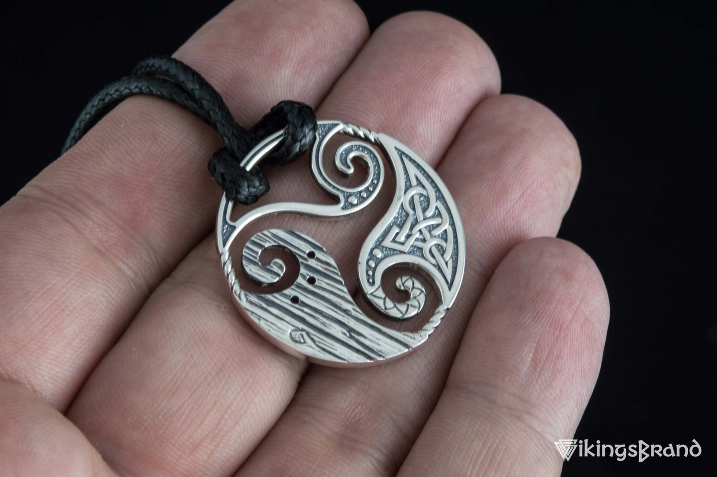 Circle Vikings Shield Pendant with Triskelion and CZ Ornament Sterling Silver Norse Jewelry