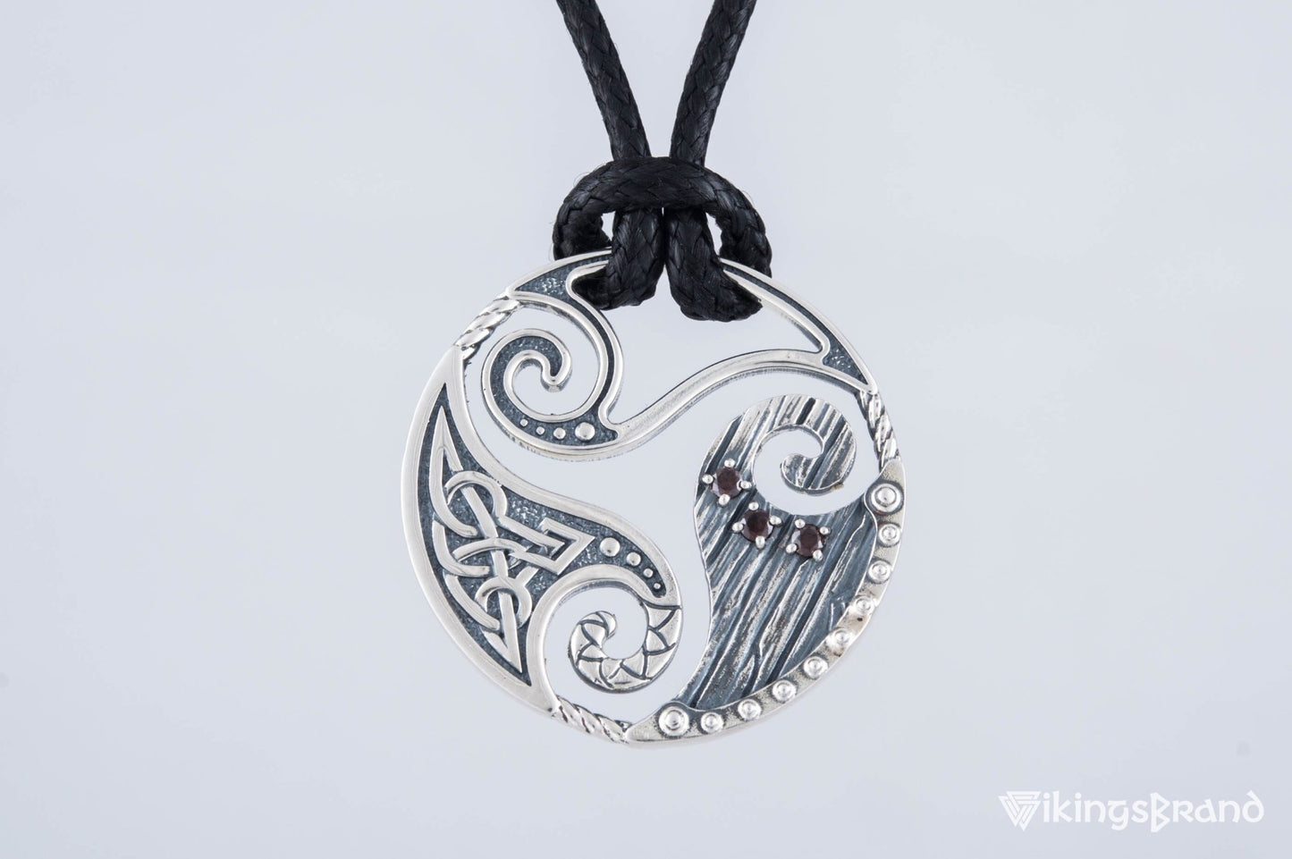 Circle Vikings Shield Pendant with Triskelion and CZ Ornament Sterling Silver Norse Jewelry
