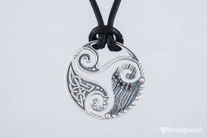 Circle Vikings Shield Pendant with Triskelion and CZ Ornament Sterling Silver Norse Jewelry