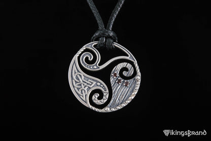 Circle Vikings Shield Pendant with Triskelion and CZ Ornament Sterling Silver Norse Jewelry
