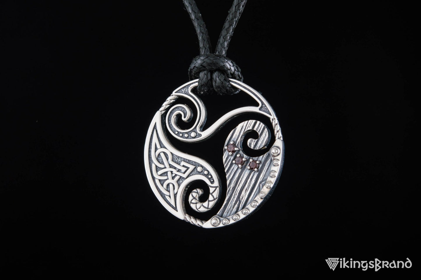 Circle Vikings Shield Pendant with Triskelion and CZ Ornament Sterling Silver Norse Jewelry