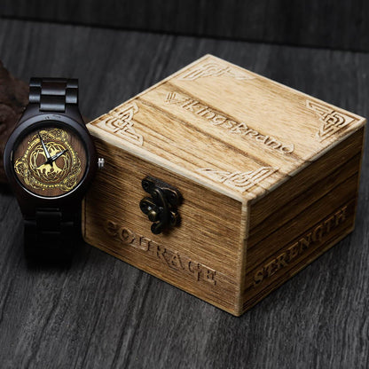 Colborn Viking Wooden Watch with Carved Yggdrasil Viking Symbol, Jormungandr & Custom Engravings
